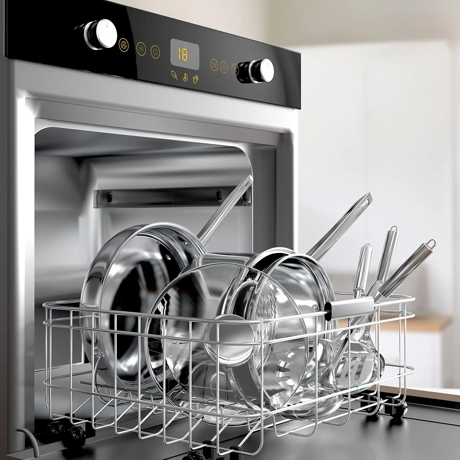 طقم أواني طهي المطبخ من الفولاذ المقاوم للصدأ مكون من 18 قطعة، بما في ذلك قدر، وطاجن مع غطاء من الزجاج المقسى، ومقلاة، وبخار، وسلطة Bo