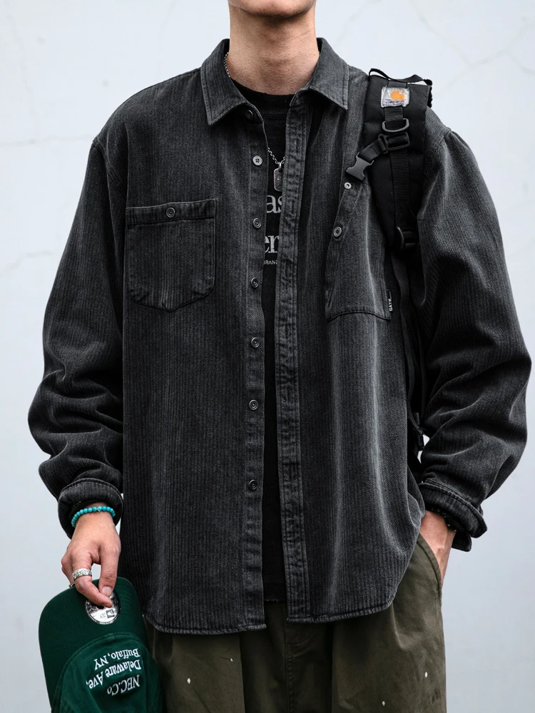 Mens American Vintage Stone Washed Distressed Striped Denim Shirt Spring Fall Oversized Long Sleeve Casual Premium Quality Coat