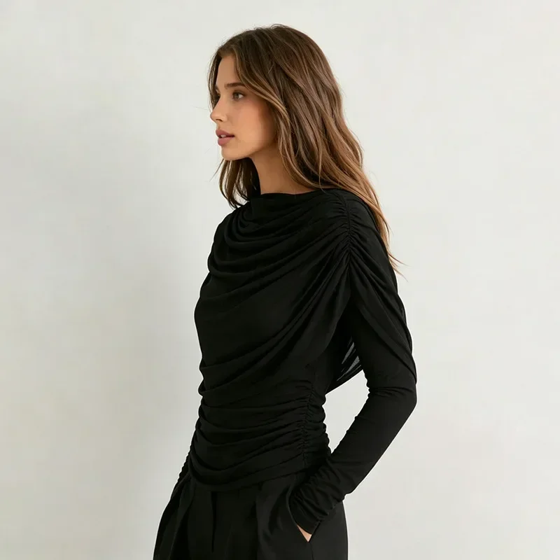 2026 Frühling Sommer Damen Langarm-T-Shirt mit drapiertem Kragen, plissiertem Schal, schmal geschnitten, Stretch-Oberteil, elegant, lässig, Alltagskleidung – Detail 9
