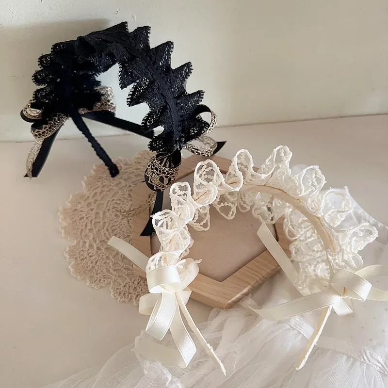 Princess Lolita Retro Lace Hairbands for Toddler Girl Sweet Bow Hair Hoop for Little Girl Black Beige Kids Headwear Accessories