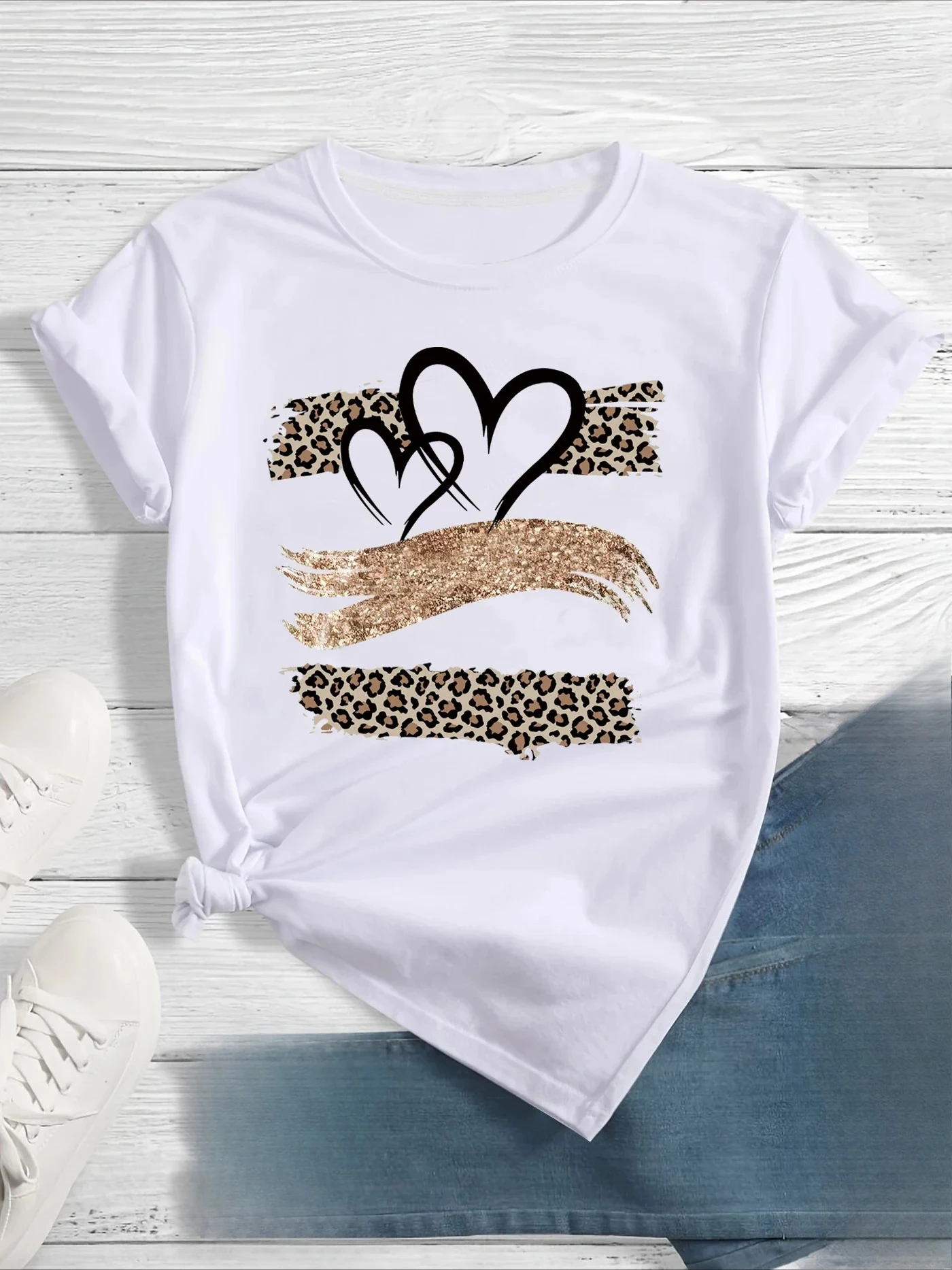 الحب القلب تي شيرت مطبوع كم قصير رقبة مستديرة رداء علوي غير رسمي الصيف والربيع الملابس النسائية الملابس الجمالية الجرافيك Y2K #1