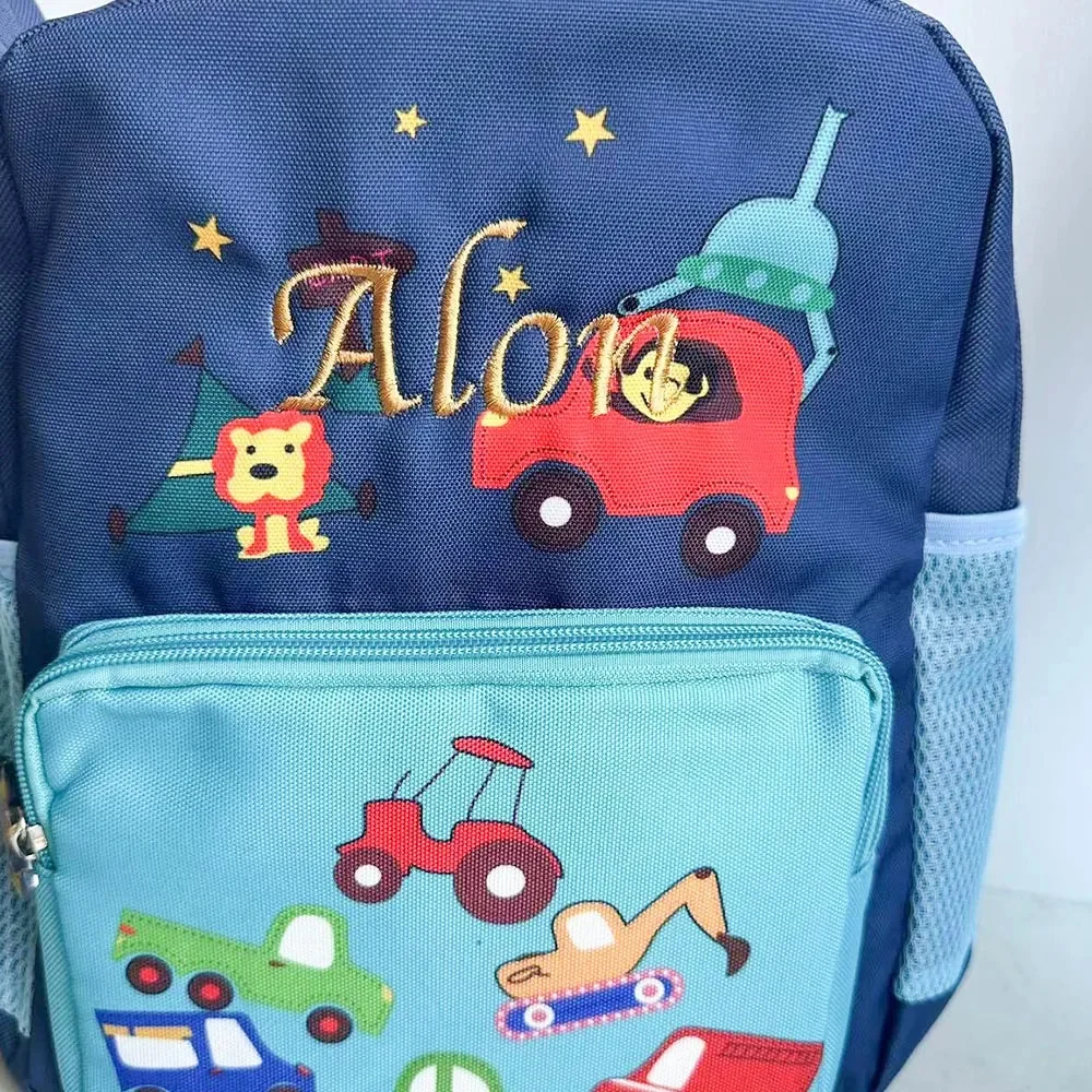 New Kindergarten Backpacks with Embroidered Name Children\'s Toy Cars Cartoon Backpack Custom Name Baby Boys Girls Schoolbags