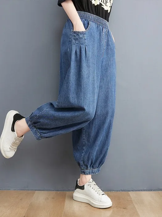 Loose Elastic Waist Denim Lantern Pants Women Summer New plus Size Fat MM Cuffed Loose Slimming Harem Pants Casual Trousers
