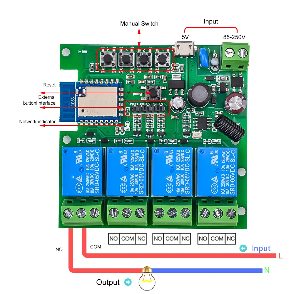 4 Channel 433MHz WiFi Relay Switch Module Smart Control Relay Module AC 85V~250V/Micro USB 5V Compatible with Alexa Goolge Home
