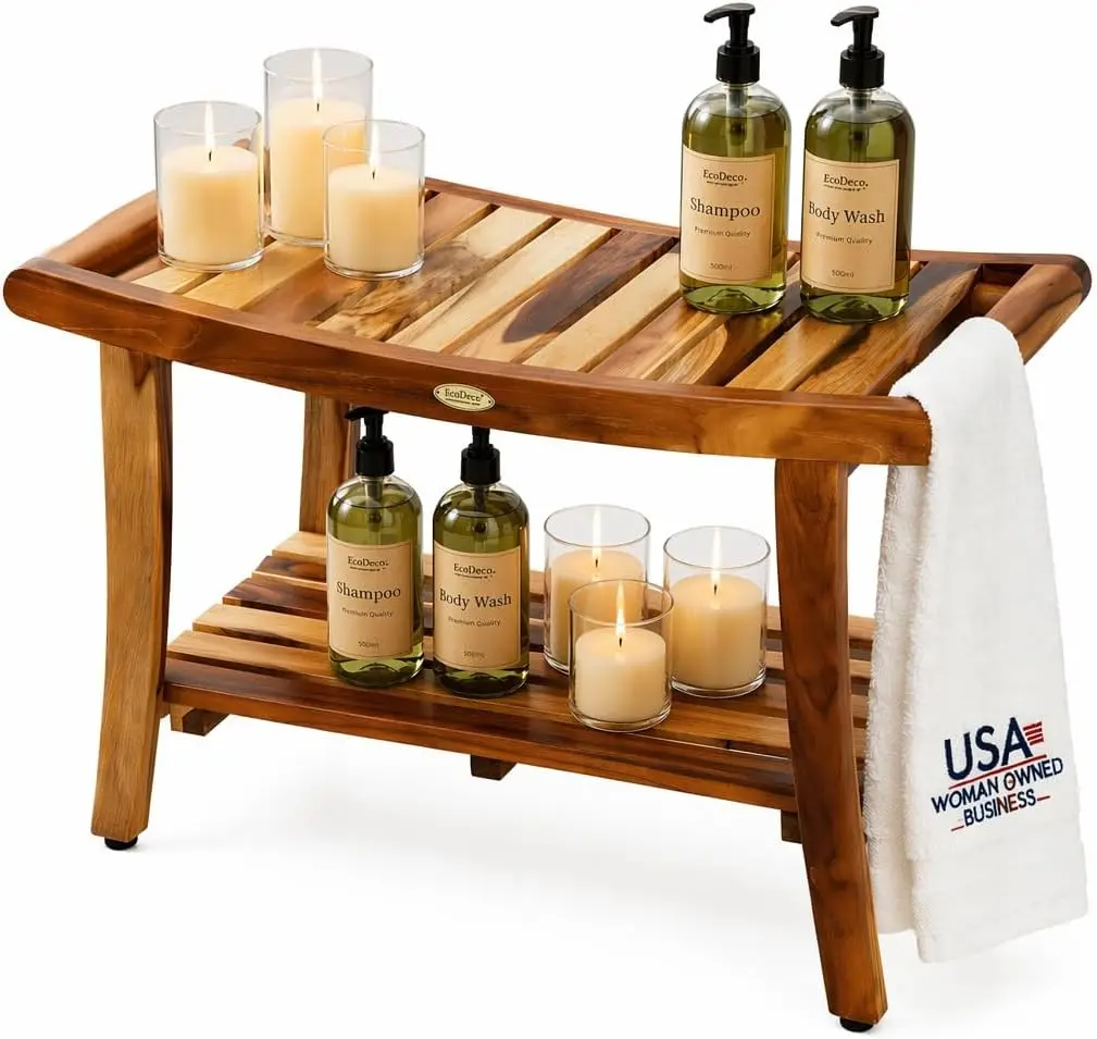 Teak Shower Bench Spa Bath Shower Stool Storage Shelf Wooden Seat Organizer Foot Rest Furniture For Inside Bathroom Sauna Outdoor Patio Deck Garden Swimming Pool, Natural Wood