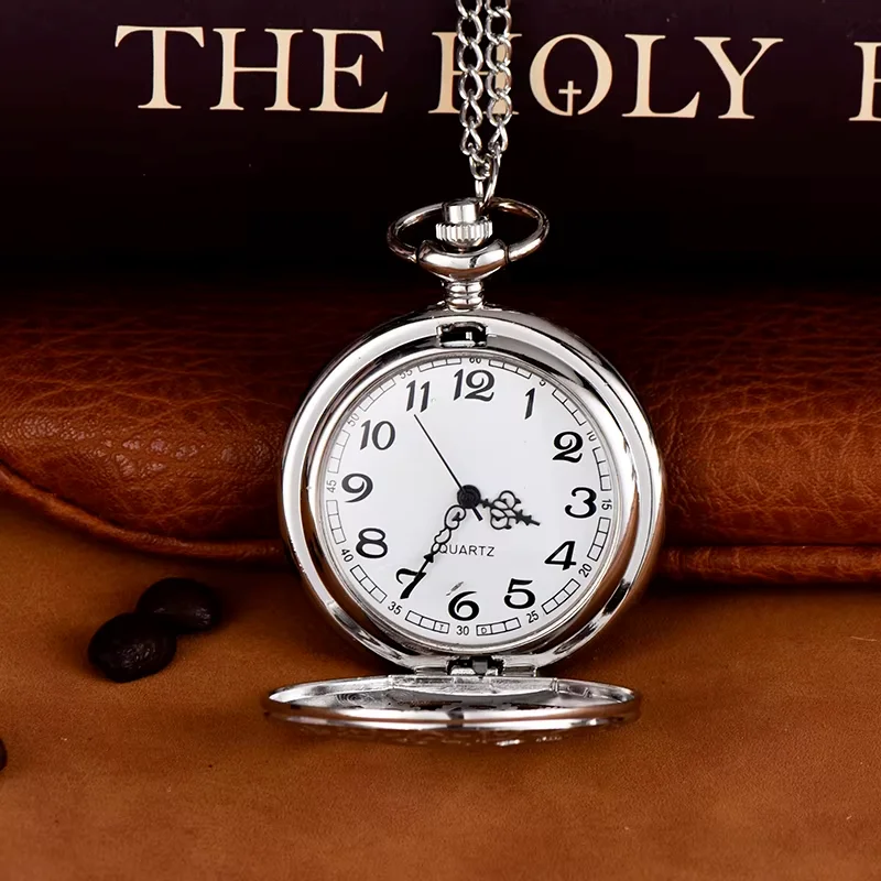 Hollowed-out pocket watch large silver gear quartz watch flip plain white pocket watch necklace hanging watch