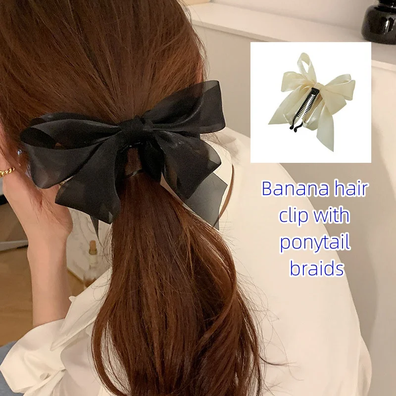 Hair Vertical Clips Through the Temperament Mesh Banana Hair Clips Women\'s Bow Headwear Hair Claws Ponytail Hairpin 