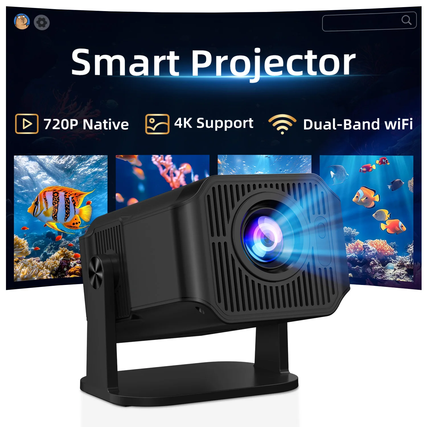 Mini Proyector Inteligente HA108, 720P Nativo, Compatible con 4K, Android 13, WIFI6, Bluetooth 5.0, Corrección Trapezoidal Automática