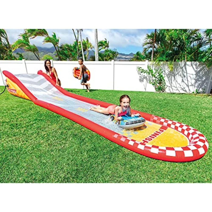Outdoor inflatable water slide track for racing fun PVC material blue and yellow 18.5-foot length with dual surf car riders and