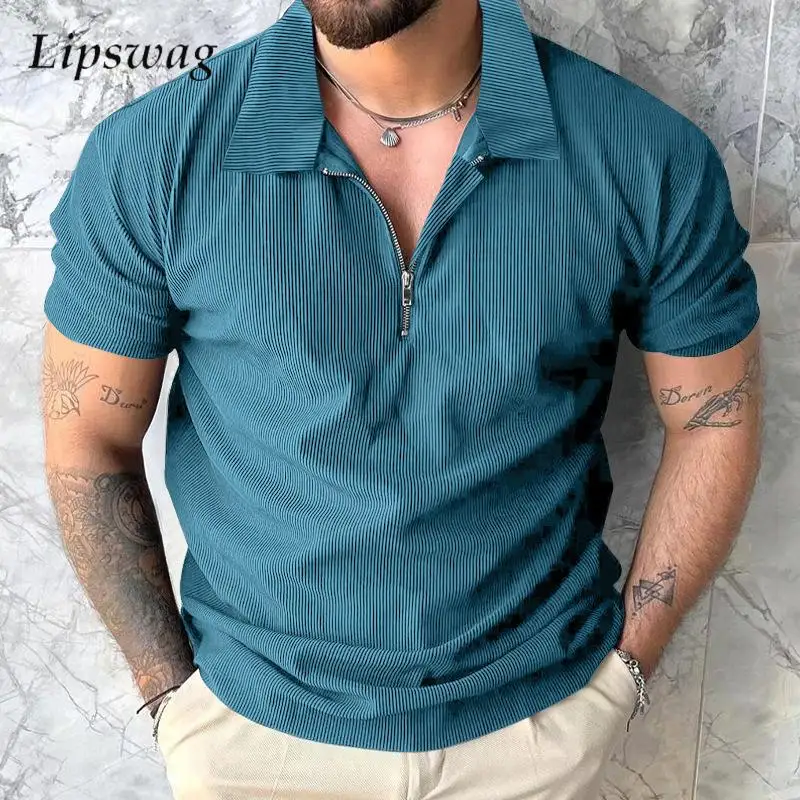 

Fashion Solid Color Corduroy Polo Shirts Men Summer Short Sleeve Zipper Casual Top Mens Vintage Turndown Collar Pullover T Shirt