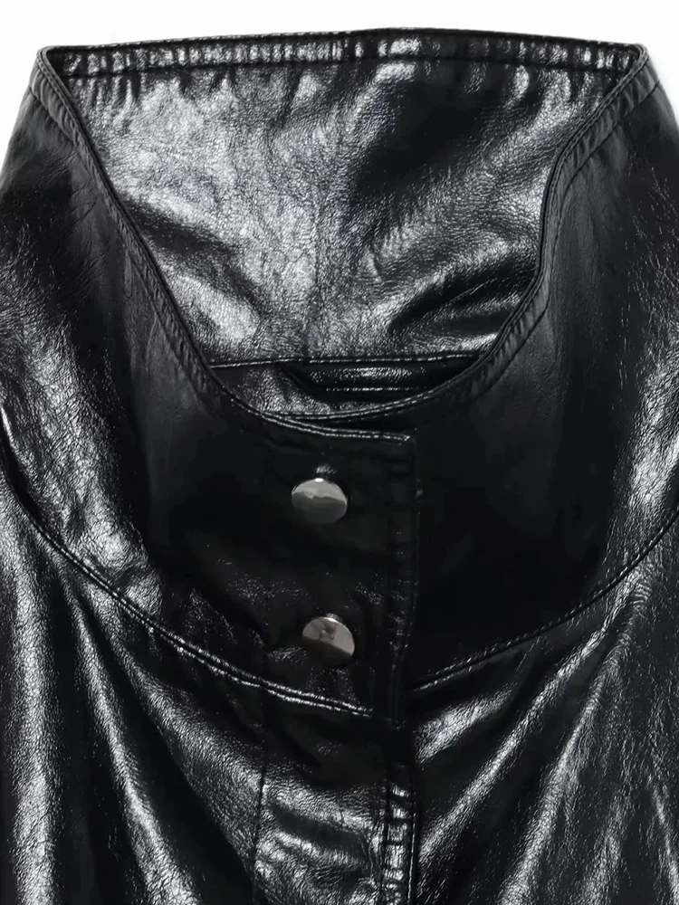 Women Faux Leather Jacket High Collar Long Sleeve Jacket With Button Pocket Lady Coats Causal Female Chic Tops