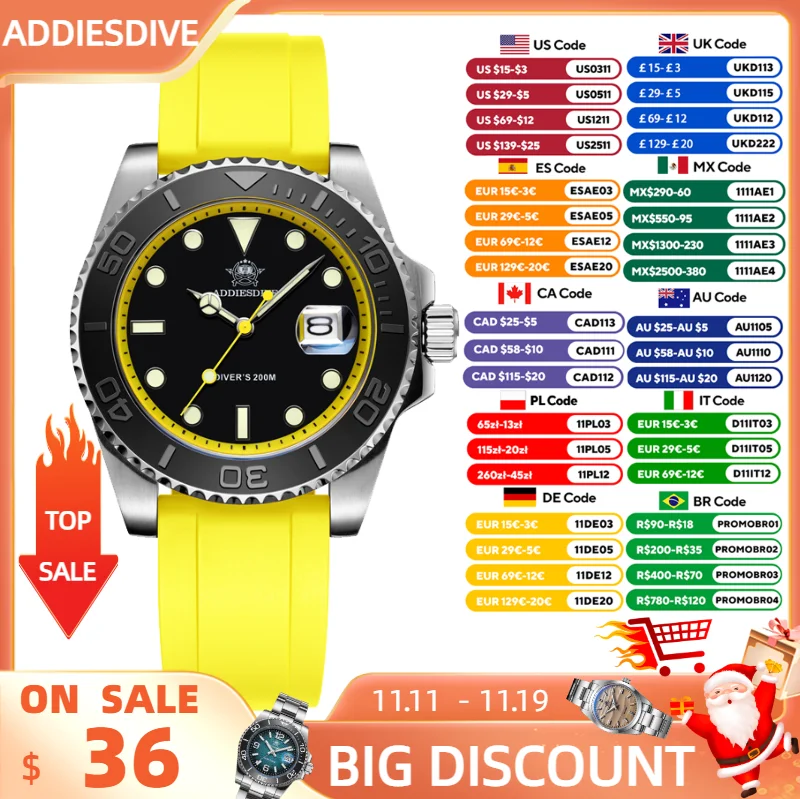 Reloj ADDIESDIVE para hombre, reloj de cuarzo de lujo para buzo de 41mm, reloj de pulsera luminoso de BGW-9 con bisel de acero inoxidable resistente al agua de 200m para hombre