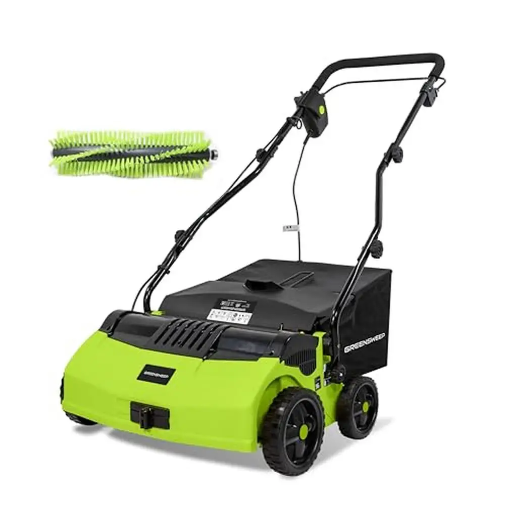 GreenSweep V2 Electric Lawn Sweeper 45L Collection Bag 5 Heights Foldable Handle Extra Brush Efficiently Removes Debris Plumps &