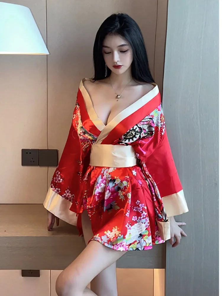 2023 Spring Women's New Japanese Style Kimono Uniform Waist retraction Bow printing Batwing Sleeve V-Neck low-cut Dress OO99