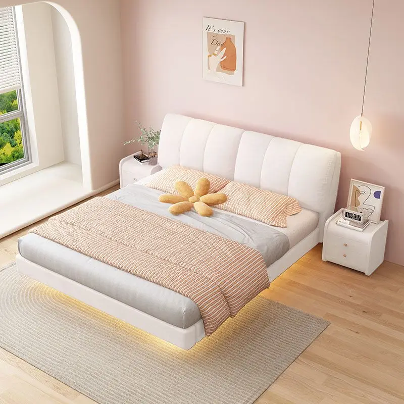 Pink suspended bed, modern and simple, small apartment bedroom, double fabric bed, soft bag removable and washable