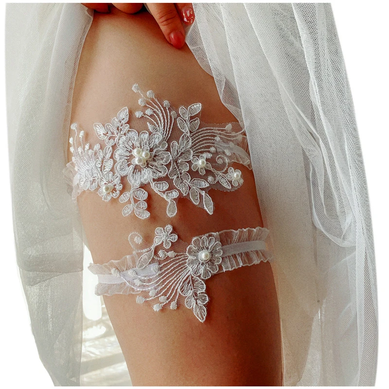 1pair Wedding Garter Pearl Mesh Lace Leg Ring White Sexy Garters Thigh Ring Bridal Leg Garte Gift For Wife Women Bride