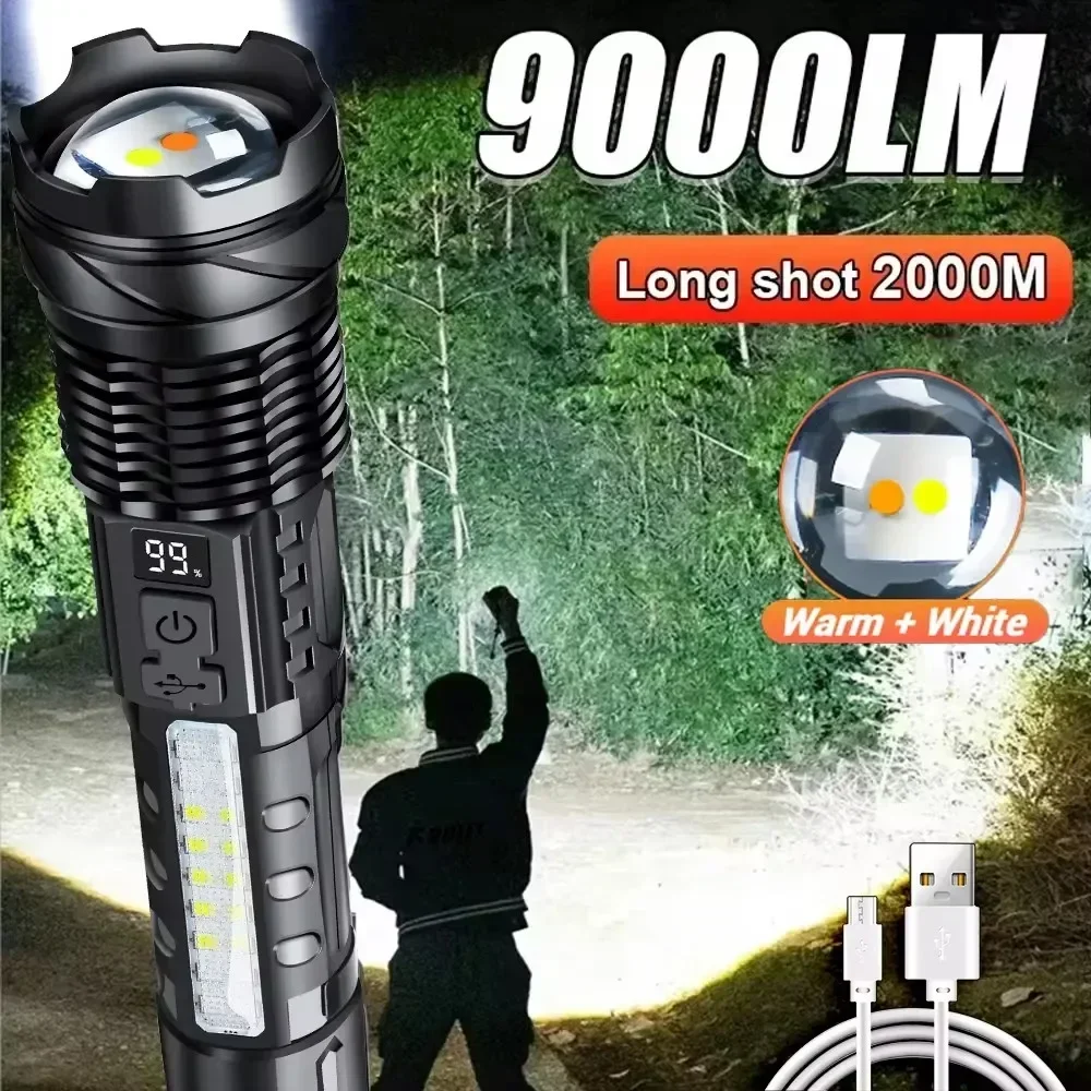 NEW 2000LM High Power Led Flashlights Built-in 18650 Battery USB C Charging Dual Led Flashlight Emergency Most Powerful Lantern