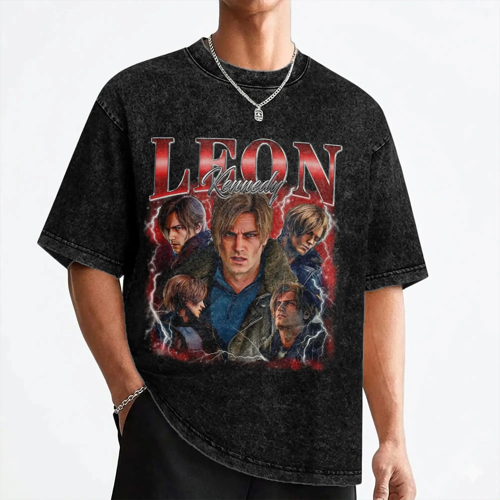 Leon S. Kennedy Washed T Shirt Streetwear Vintage T-Shirt Tee Shirt Men Women Short Sleeve Oversize Printed