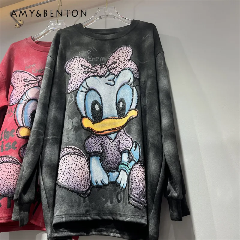 

2025 Autumn Winter New Loose Slimming Hoodies Heavy Sequin Cartoon Letter Crew Neck Long Sleeves Pullover Sweatshirt For Ladies
