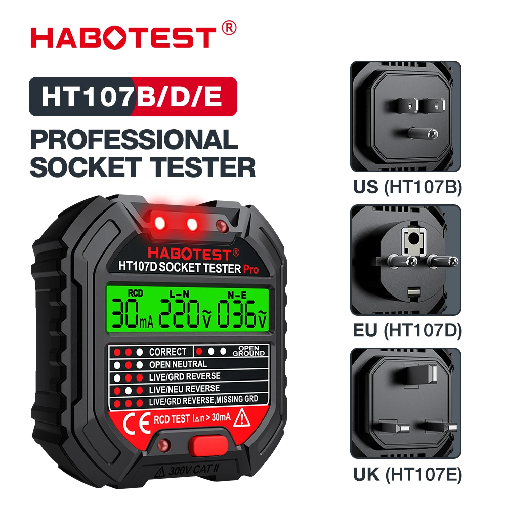 HABOTEST HT107 Socket Tester Pro Voltage Test RCD 30mA Socket Detector UK EU Plug Ground Zero Line Plug Polarity Phase Check