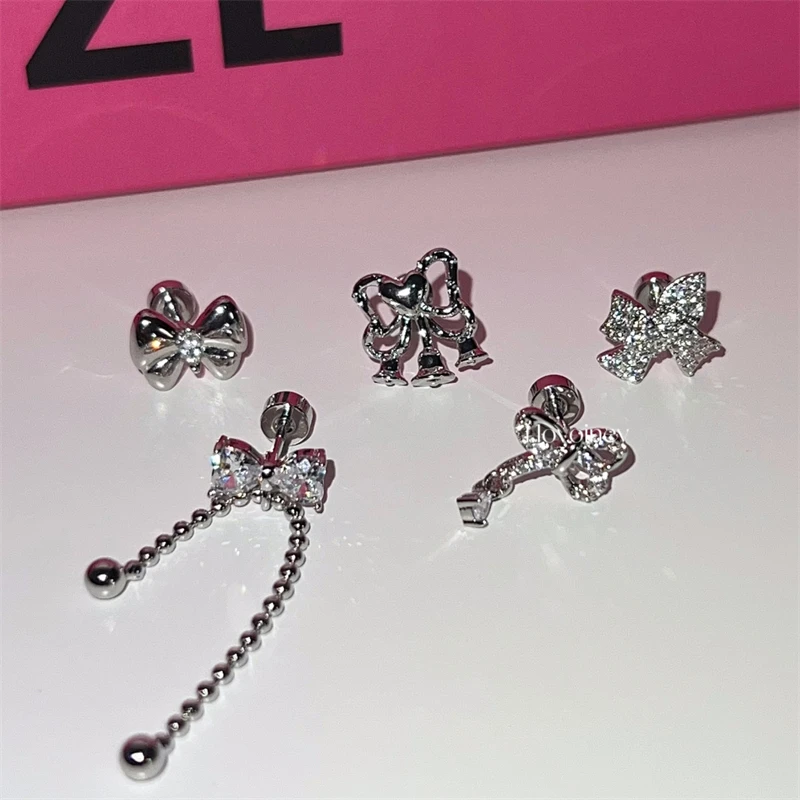 Advanced Silver Color Bowknot 316L Stainless Steel Ear Bone Nail New Fashion Delicate Zircon Earrings for Women Y2K Punk Jewelry