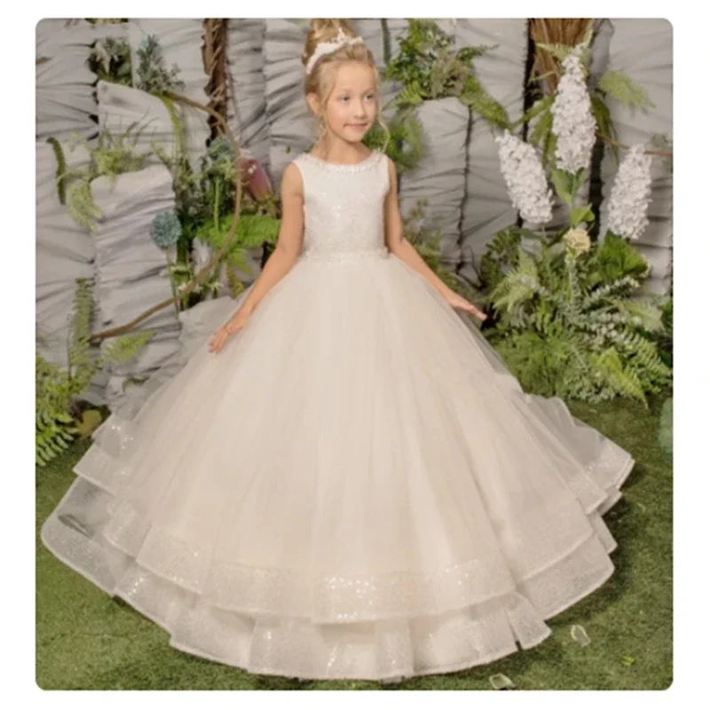 

Tulle Puffy Flower Girl Dresses White Round Neck Shiny Hem With Big Bow For Wedding Birthday Party First Communion Gowns