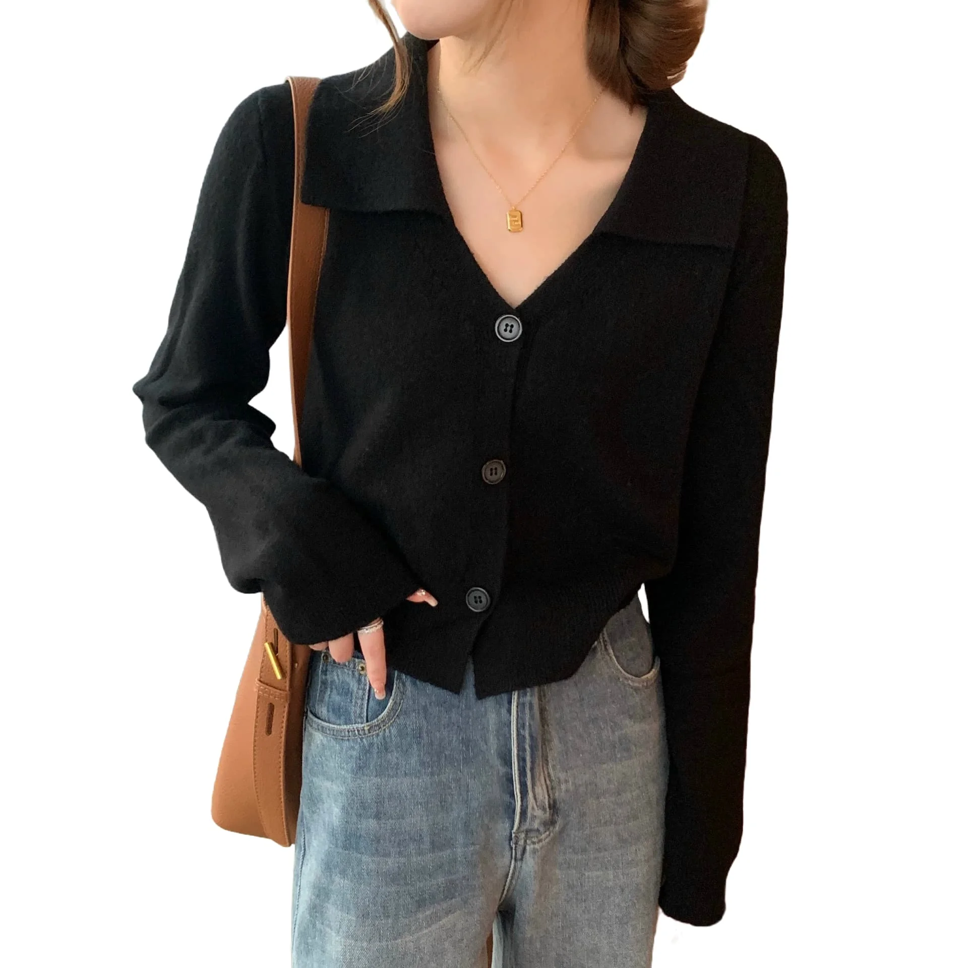 Womens Solid Color Knit Cropped For Top with Tailored Lapel and Single-Breasted Look Ideal for Spring Winter Wardrobe