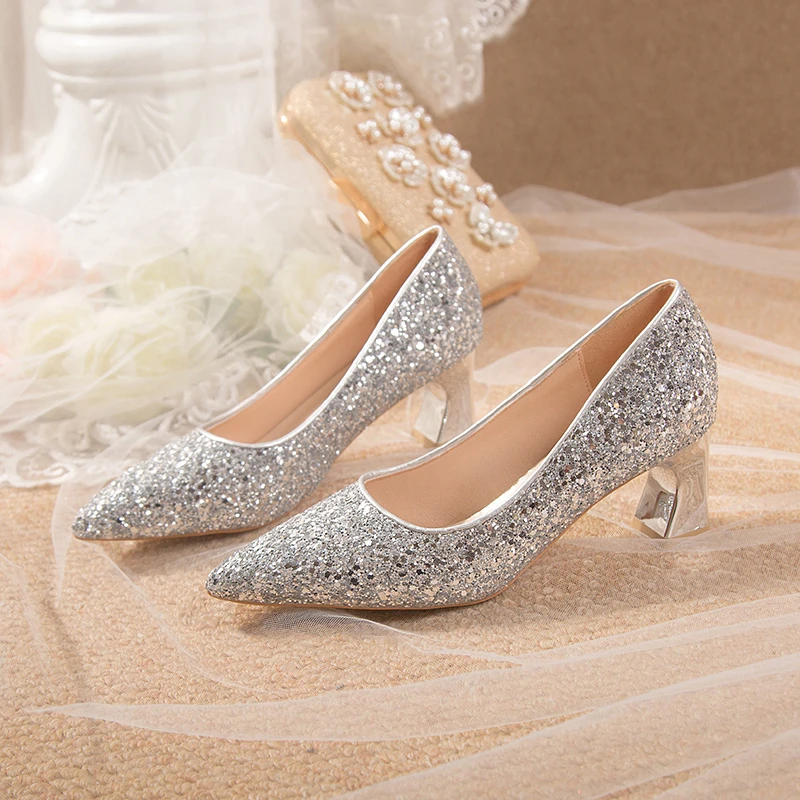 2023 New Single Shoes Women\'s Spring and Autumn Pointed High Heels Women\'s Shallow Mouth Thin Heels Crystal Sequin Wedding Shoes