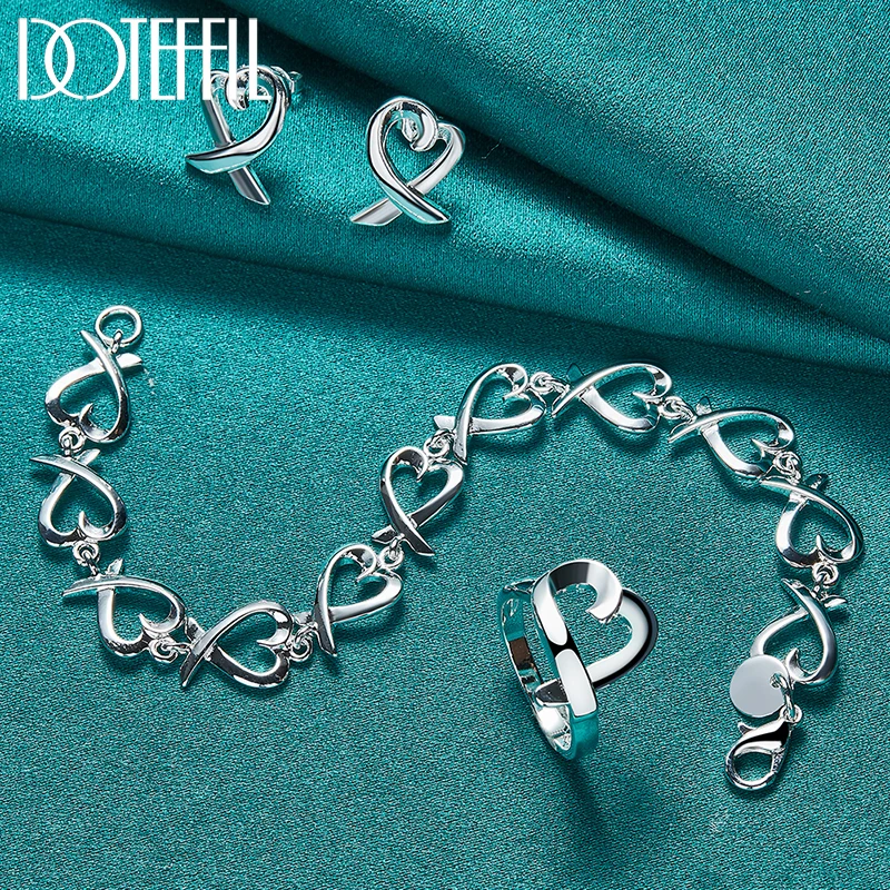 

DOTEFFIL 3pcs 925 Sterling Silver Heart Earring Bracelet Ring Set For Women Man Wedding Engagement Party Jewelry