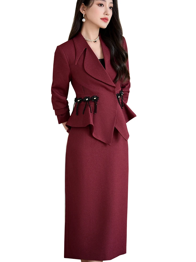 Elegant Women Formal Blazer Skirt Suit Ladies Red Black Female Business Work Wear Two Piece Set For Autumn Winter