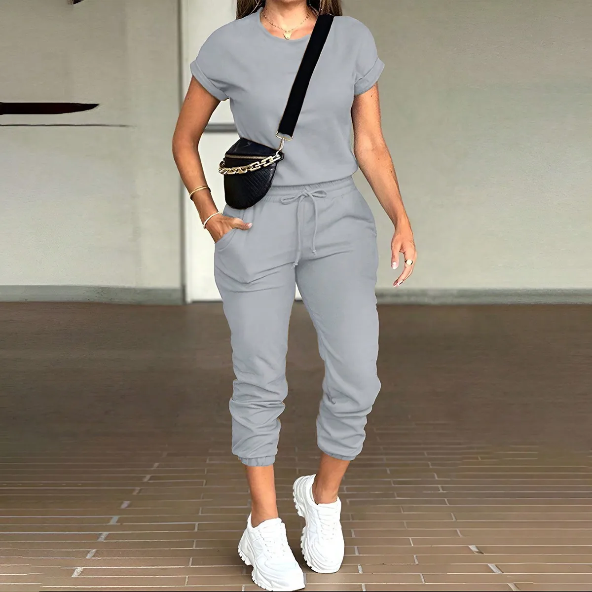 Casual Long Sleeve Solid Color T Shirt Round Neck Short Sleeve Patchwork T Shirts Spring Summer Tee Khaki Gray Brown Top