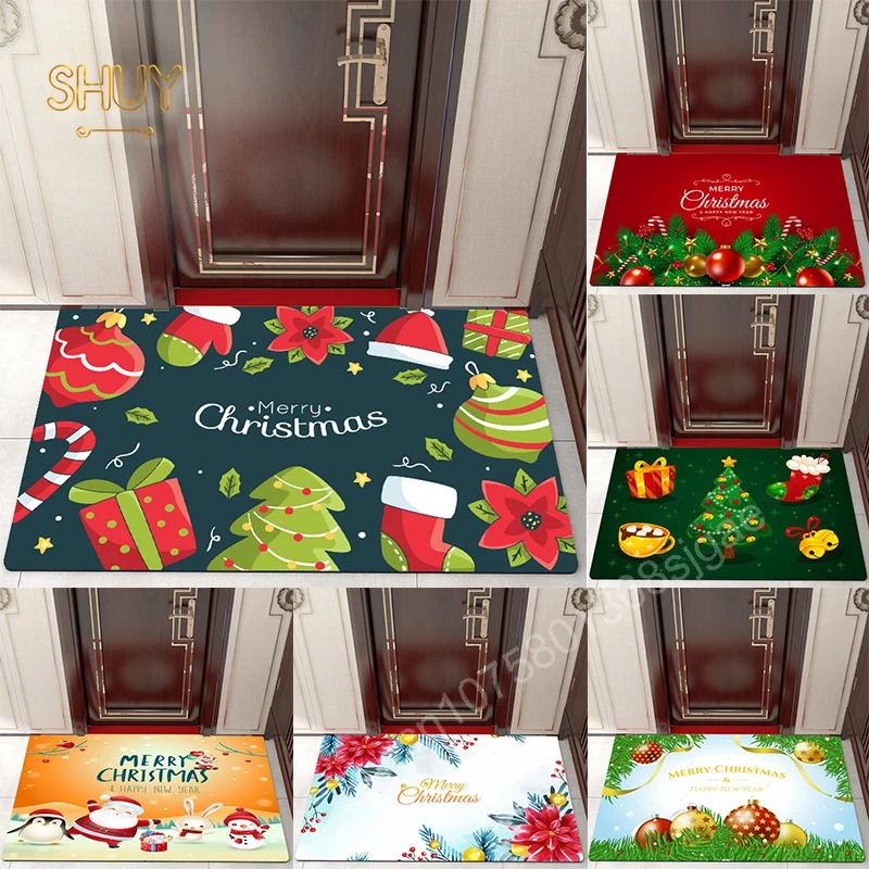 

Christmas Bathroom Rug Santa Claus Welcome Print Doormat Kitchen Entrance Anti-slip Flannel Living Room Carpet Bedside Foot Mat