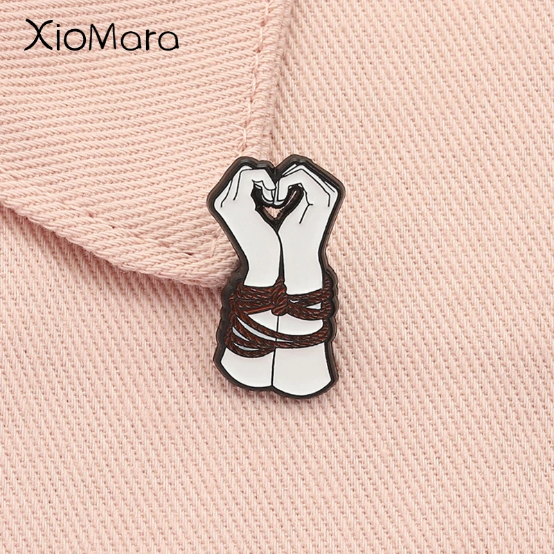 

Red Rope Binding Hands Together Enamel Pin Finger Heart Gesture Metal Brooch Lapel Backpack Badge Jewelry Gift