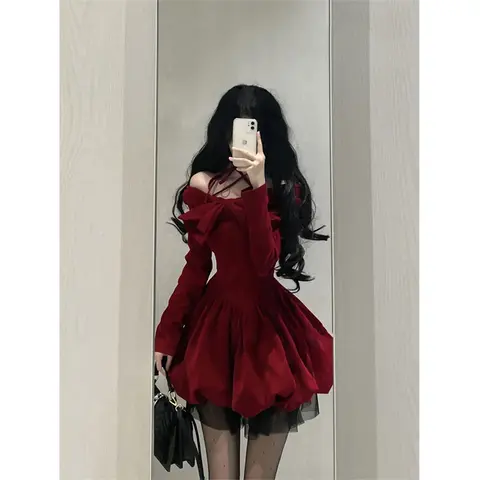 Mexzt Vintage Strik Mini Jurk Vrouwen Y 2K Sexy Slash Hals Rood Fluwelen Jurken Winter Kawaii Kerstfeest Bodycon A Line Vestidos