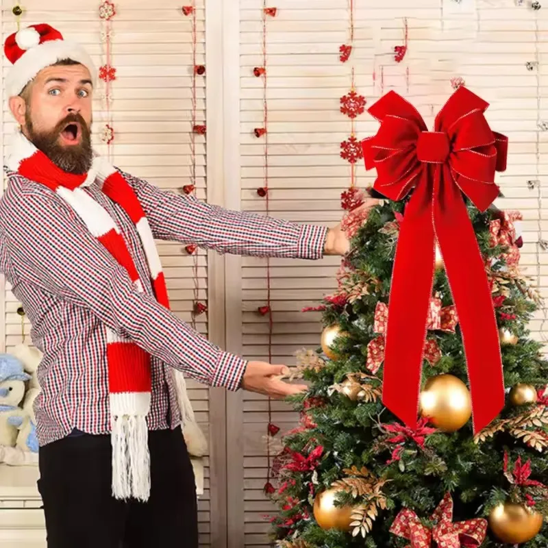 

Red Christmas Bows & Velvet Wreath Set: Large Outdoor Decorations with Glitter Gold Edge Great for Christmas Tree Top Front Door