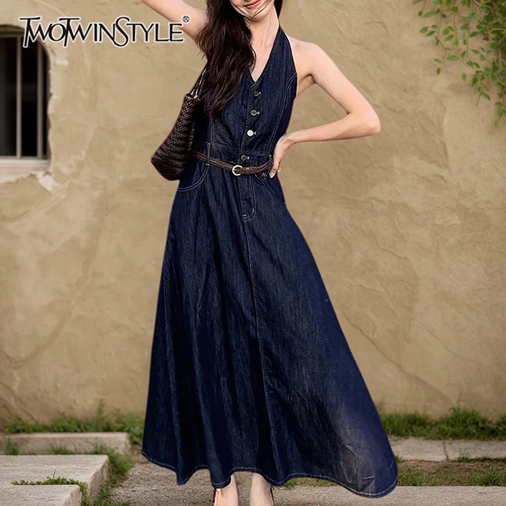 

TWOTWINSTYLE Solid Slimming Minimalist Dresses for Women V Neck Sleeveless High Waist Temperament Dress Female