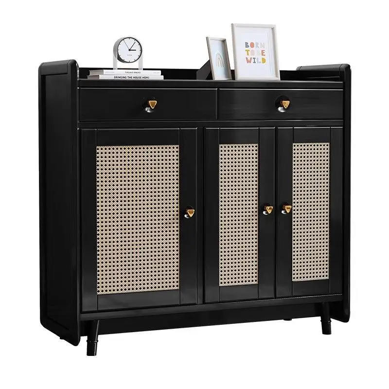 

Retro solid wood rattan shoe cabinet household black locker Japanese-style porch cabinet foyer dining side