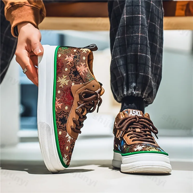 2025 Spring New Retro Flower Print Fashion Trend Casual Shoes Men's Comfortable Shallow Mouth Thick Soled Sports Chunky sneakers