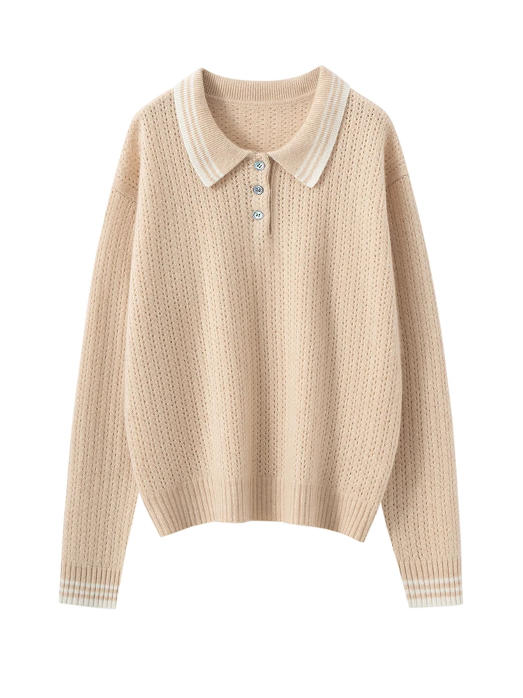 

TLOML New Women's 100% Cashmere Sweater Polo Collar Pullover Color Block Cashmere Knitwear Autumn Winter Soft Warm Casual Tops
