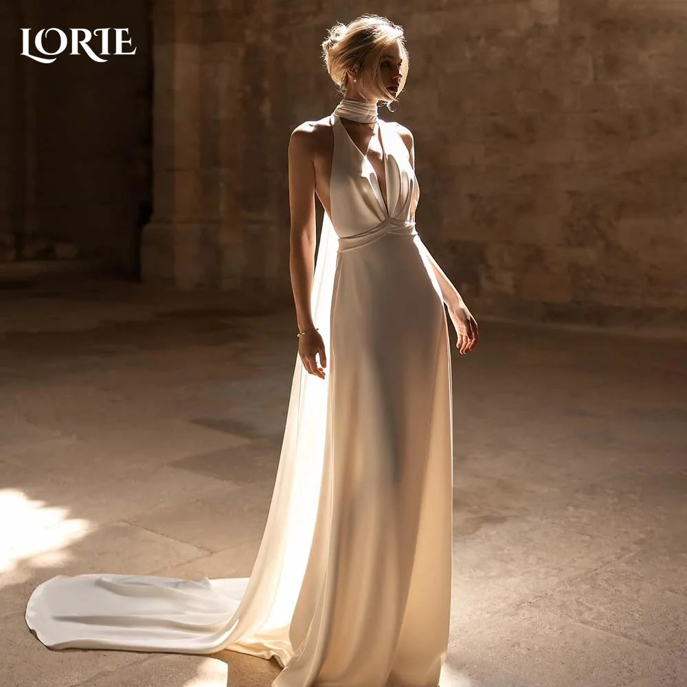 

LORIE Vintage Satin Wedding Dresses O-Neck A-Line Halter Backless V Neck Bridal Gowns Princess Solid Flowy Bride Dresses 2024