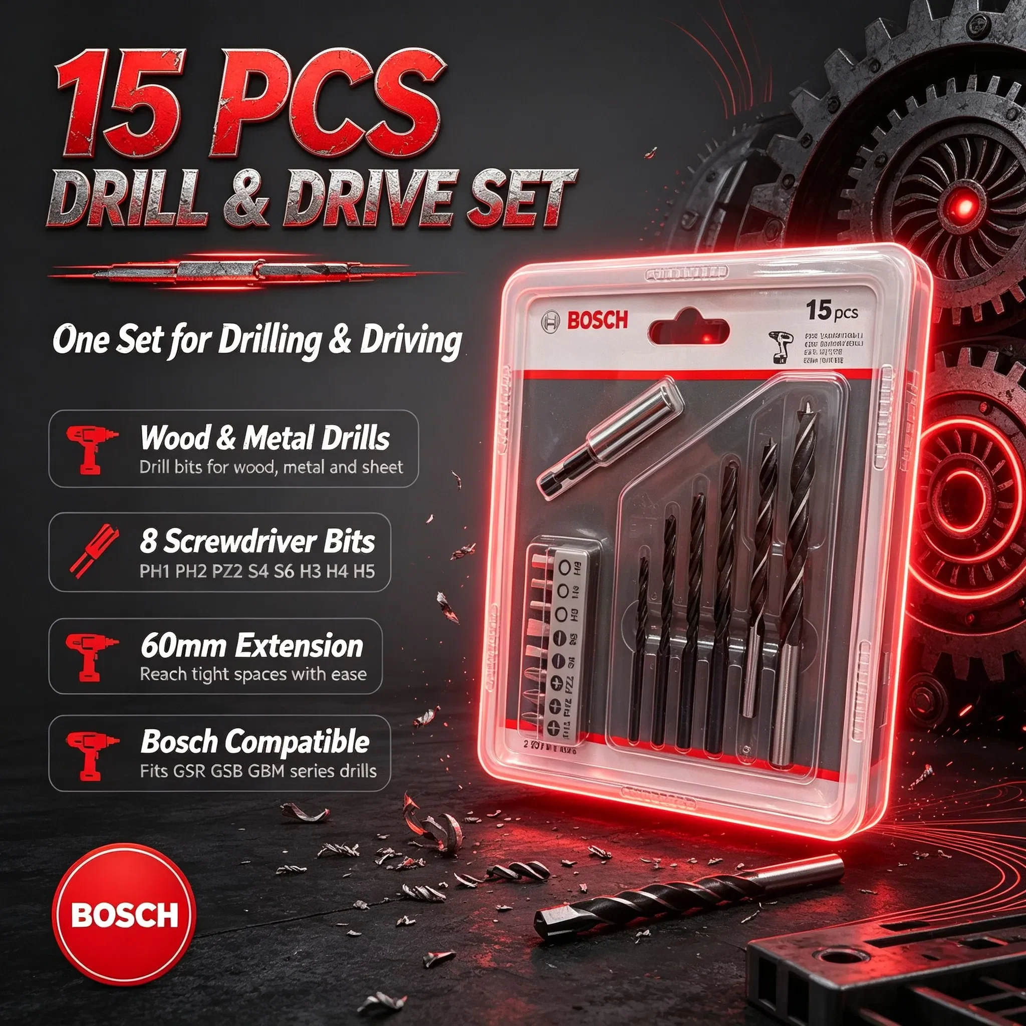 Bosch 15Pcs Drill & Screwdriver Bit Set, Metal Wood Drilling Bits with Bit Extension Holder for DIY Household Repair