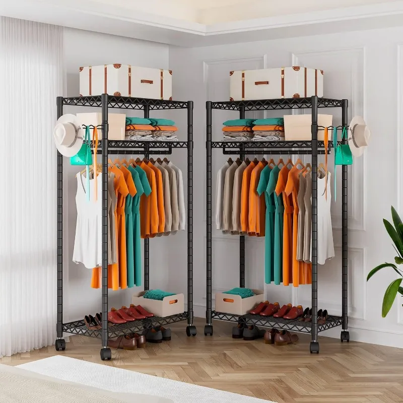 Heavy Duty Rolling Garment Rack,Portable Clothes Rack for Hanging Clothes,Clothing Rack,Wardrobe Storage Rack with 3 Shelves