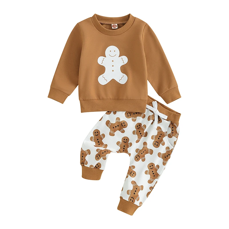 Toddler Baby Boy Christmas Outfits Print Long Sleeve Gingerbread Man Print Sweatshirt + Pants 2Pcs Fall Xmas Clothes Set