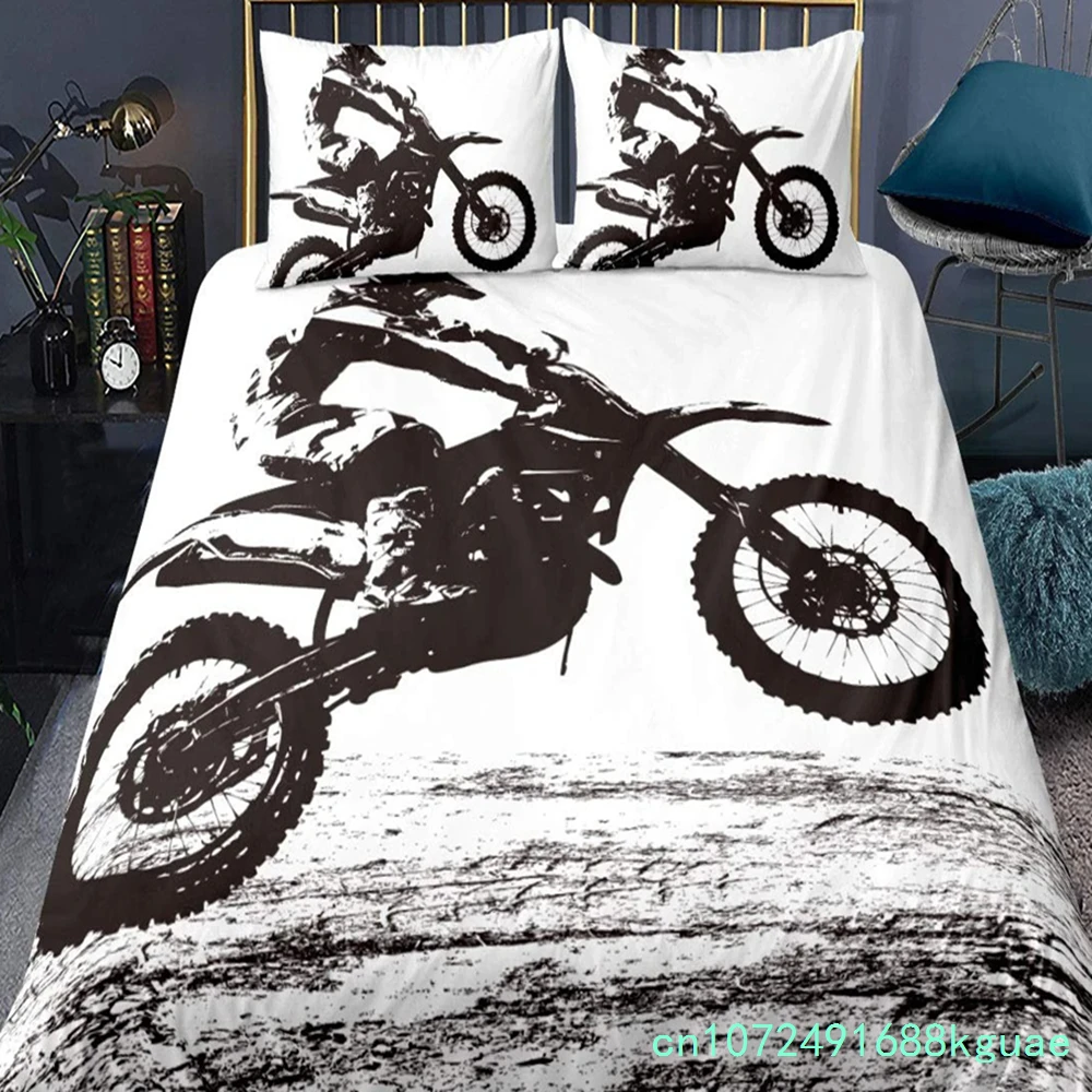 Dirt Bike King Queen Duvet Cover Motocross Sports Bedding Set Motorcycle Quilt Cover Youth Cool Black White Soft Comforter Cover