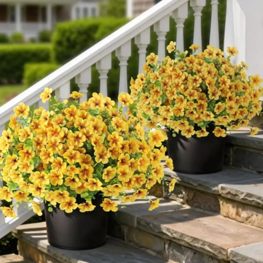 

2 Set of Artificial Morning Glory and Eucalyptus Topiary Trees - Faux Silk Flower Potted Plants UV-Resistant Fake Outdoor Morni