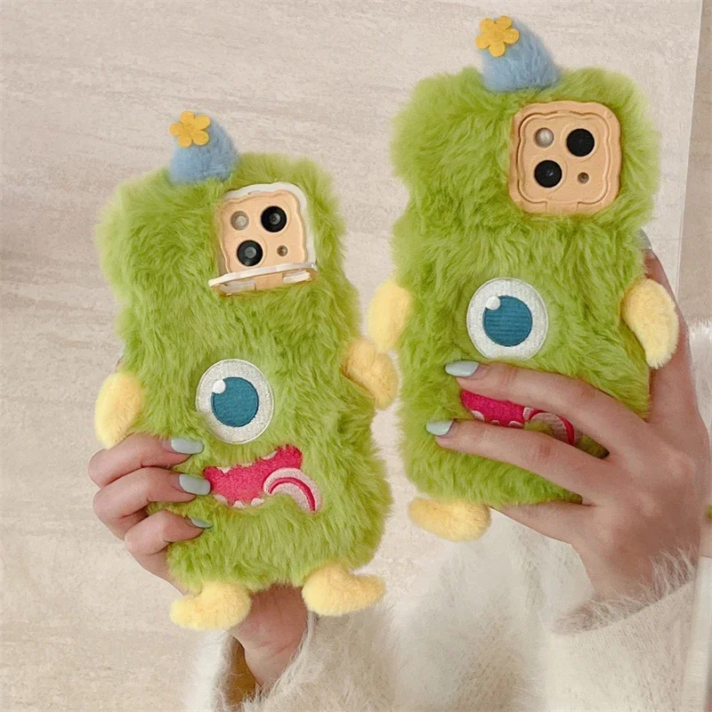 3D Cute Cyclops Warm Winter Plush Soft Phone Case for Huawei P40 P50 P60 Pro Pura 70 Pro Fluff Toy Camera Protect Back Cover