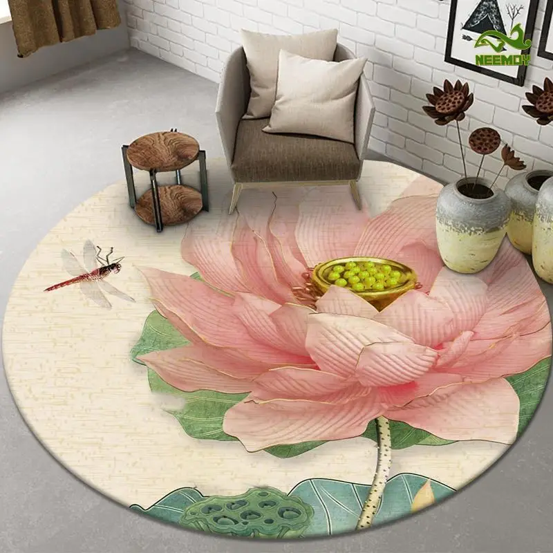 

Chinese Style Floor Mat Circular Carpet Living Room Bedroom Yoga Mat Cloakroom Lotus Flower Chinese Carpet Anti Slip Washable