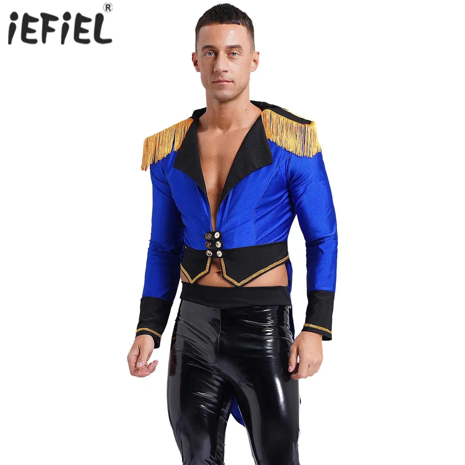 Mens Circus Outerwear Circus Ringmaster Magician Halloween Cosplay Costume Long Sleeve Deep V Neck Double-Breasted Tailcoat