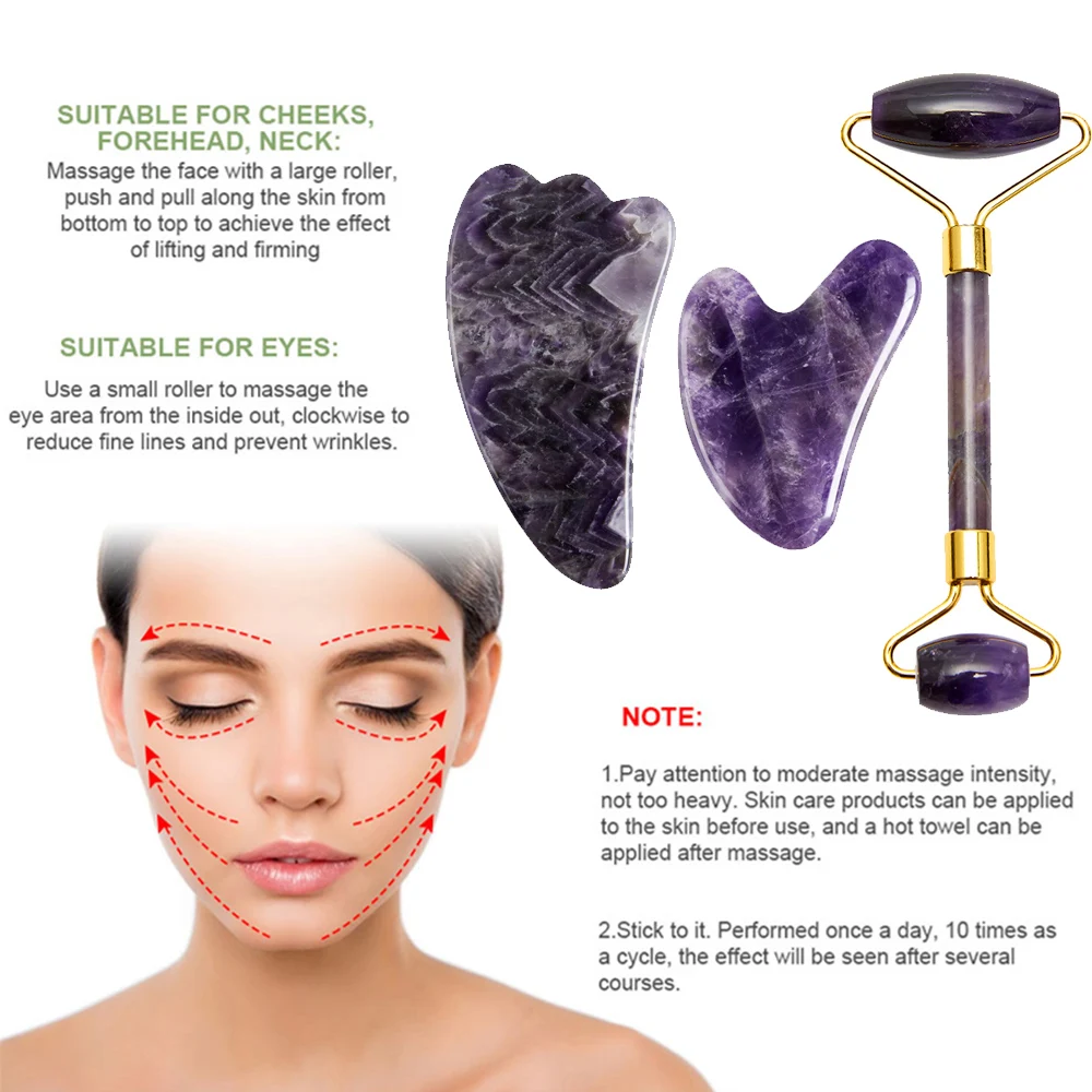 Rullo per massaggio viso ametista/massaggiatore Gua Sha per viso giada naturale antirughe raschiatura della pelle guasha Lifting alleviare la linea sottile