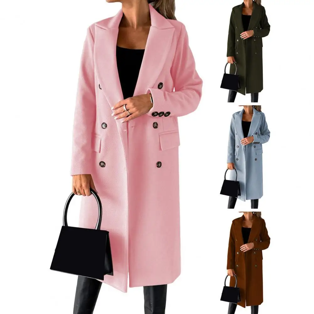 Winter coat for women Autumn Fashion Simple Casual Solid Lapel Collar Long Sleeve Double breasted Hem cloth Coat